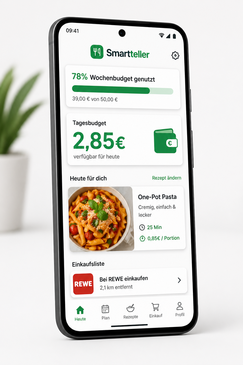 Smartteller App - Tagesbudget 2,85€, One-Pot Pasta, 78% Fortschritt